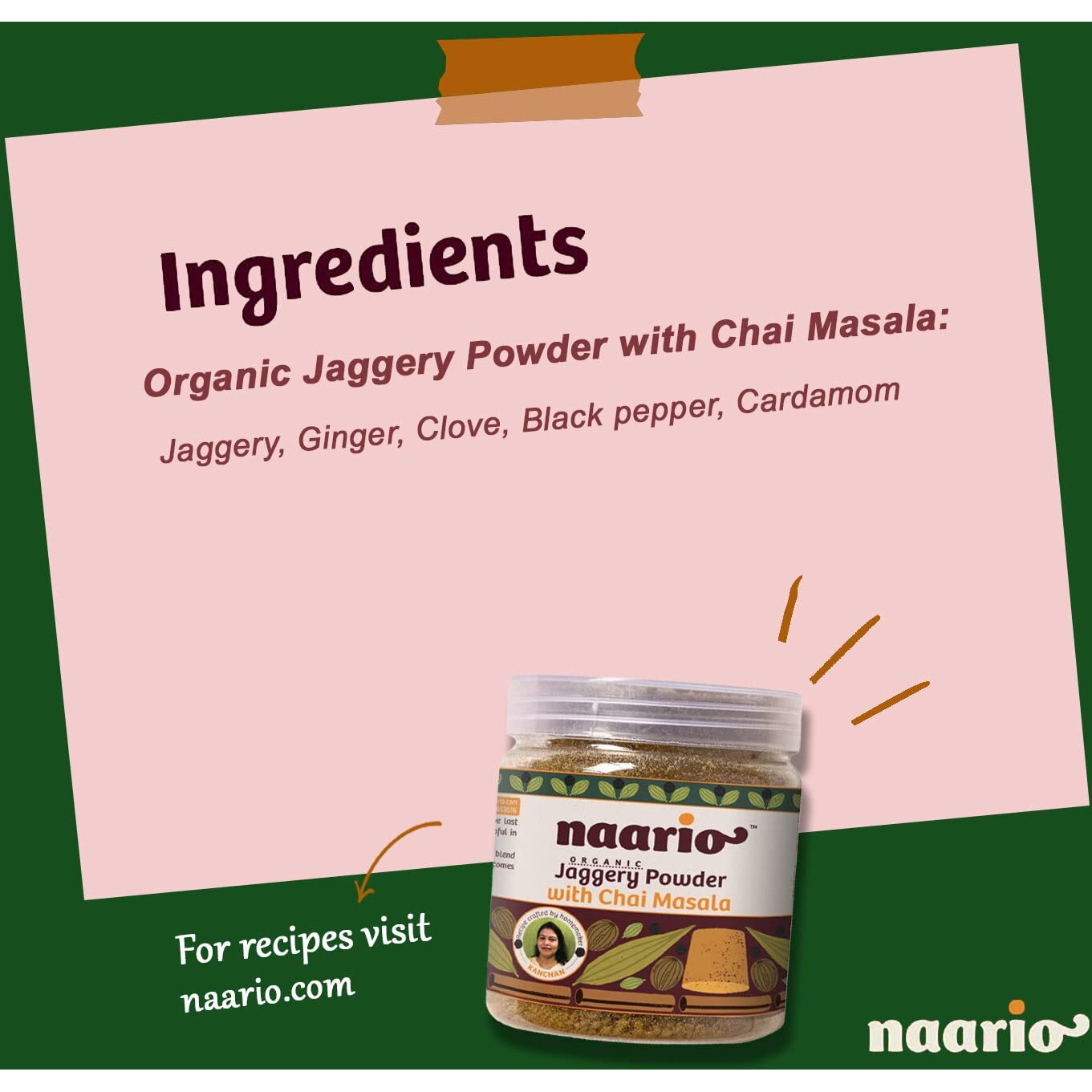 Naario Organic Chai Masala with Jaggery | Aromatic Tea Masala | Easy Replacement for Sugar and Whole Spices | 200gm (Pack of 1)
