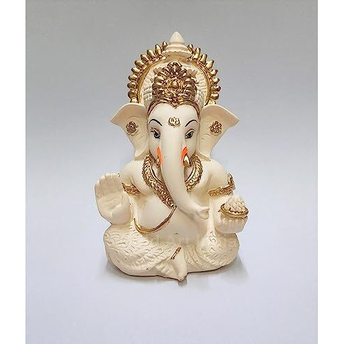 Gold Art India Peach Ivory Finish Ganesha Idol Car Dashboard Idol Home Decor Gifting Diwali Showpiece 3.5" Inches