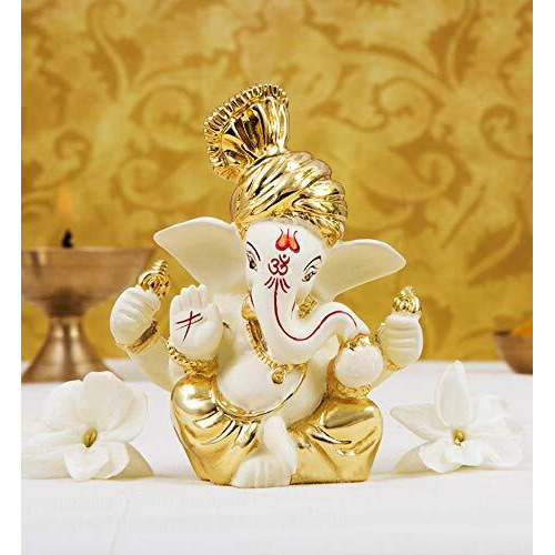 Gold Art India Ceramic Ganesh Idol for Car Dashboard(6x4x3cm, Gold)