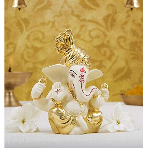 Gold Art India Ceramic Ganesh Idol for Car Dashboard(6x4x3cm, Gold)