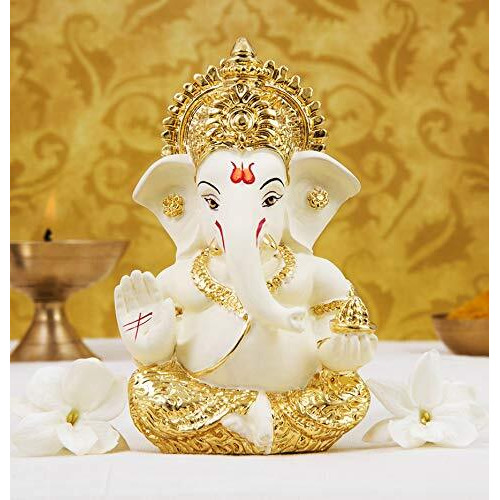 Gold Art India Ceramic Car Dashboard Ganesha Idol, 3.5 x 2 inch,1 Idol