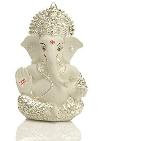 Collectible India Ganesha Idol Silver Plated Ganesh for Car Dashboard Statue Ganpati Figurine Luck & Success Diwali Gifts Home Decor (Size 3.5 x 2 inches)