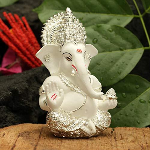 Collectible India Ganesha Idol Silver Plated Ganesh for Car Dashboard Statue Ganpati Figurine Luck & Success Diwali Gifts Home Decor (Size 3.5 x 2 inches)