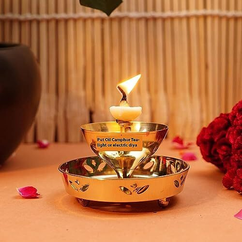 Casa Illuminate Decorative Brass Diya for Puja with Glass Cover - Home Decoration Oil Pooja Akhand Diyas , Big Size Room Lamp , 6 inches Mandir Jyoti Wick Holder Stand , Gold Lid Lamps Decorations