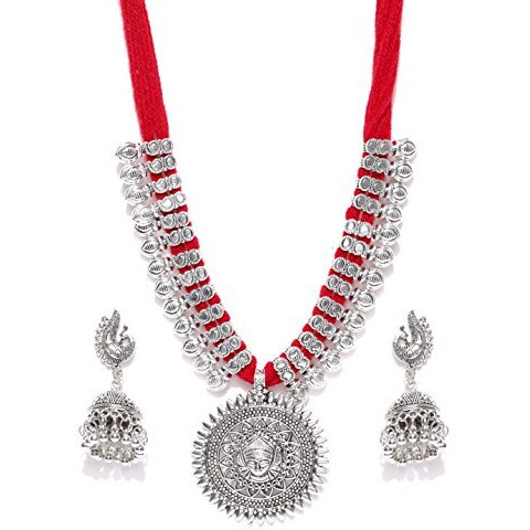 YouBella Fashion Jewellery Antique German Silver Oxidised Plated Tribal Cotton Thread Jewellery Necklace Earring Set for Women & Girls.(Valentine Gift Special). (RED)