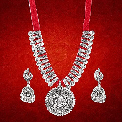 YouBella Fashion Jewellery Antique German Silver Oxidised Plated Tribal Cotton Thread Jewellery Necklace Earring Set for Women & Girls.(Valentine Gift Special). (RED)