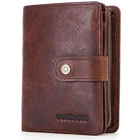 Contacts Men's Genuine Leather Wallet | RFID Blocking Wallet for Men's | 12 Card Slots, 1 ID Window | 1 Zipper Coin Pocket, Brown