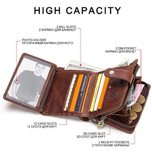 Contacts Men's Genuine Leather Wallet | RFID Blocking Wallet for Men's | 12 Card Slots, 1 ID Window | 1 Zipper Coin Pocket, Brown