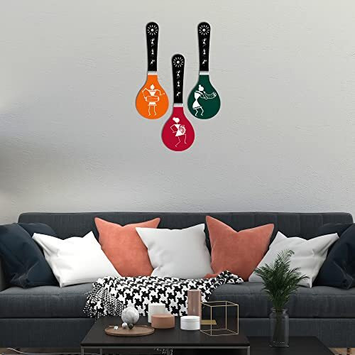 Artvibes Warli Art Wooden Wall Hanger for Home | Office | Living Room | Gift | Modern Decoration Items | Kitchen Wall Decor | Home Decor Hanging Items (WH_5007N), Set of 3