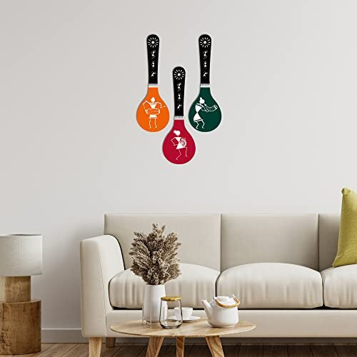 Artvibes Warli Art Wooden Wall Hanger for Home | Office | Living Room | Gift | Modern Decoration Items | Kitchen Wall Decor | Home Decor Hanging Items (WH_5007N), Set of 3