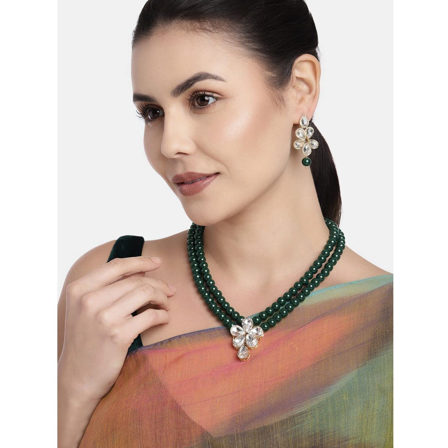 I Jewels 18k Gold Plated Traditional Kundan & Pearl Studded Necklace Jewellery Set For Women (ML311G)