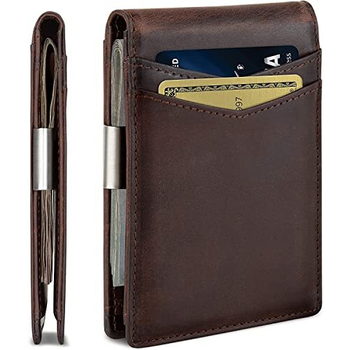 Contacts Genuine Leather Money Clip Wallet Slim Front Pocket RFID Blocking Card Holder Minimalist Mini Bifold for Men's (Brown), 11 Card Slot