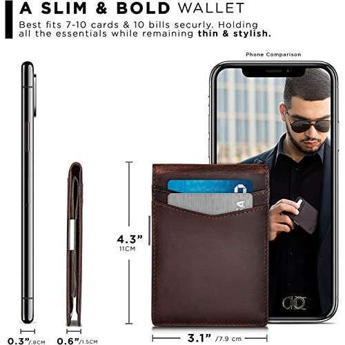 Contacts Genuine Leather Money Clip Wallet Slim Front Pocket RFID Blocking Card Holder Minimalist Mini Bifold for Men's (Brown), 11 Card Slot