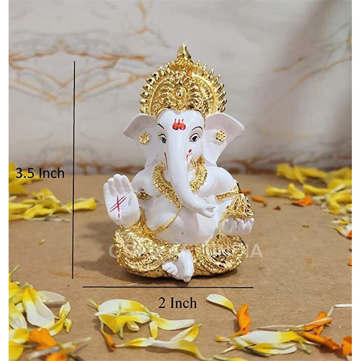 Gold Art India Gold Plated Idol for Car Dashboard/Home/Office Shelves/Diwali/Gifting/Idol 3.5 inches (Gold) (Gold White Mukut)