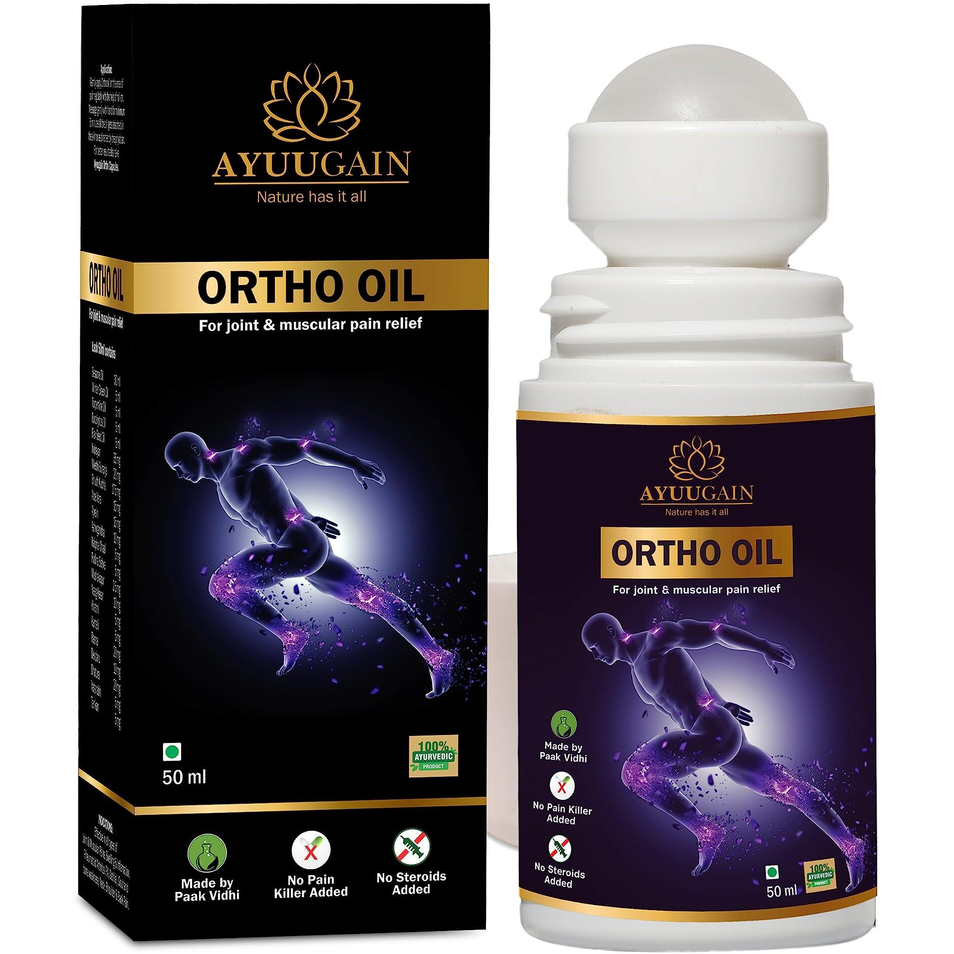 Ayuugain Ayurvedic Ortho Pain Relief Oil for Joint, Knee & Back Pain | Orthopedic Pain Relief Massage Oil | Effective and Long-lasting Pain Relief Roll-On - 50 ML
