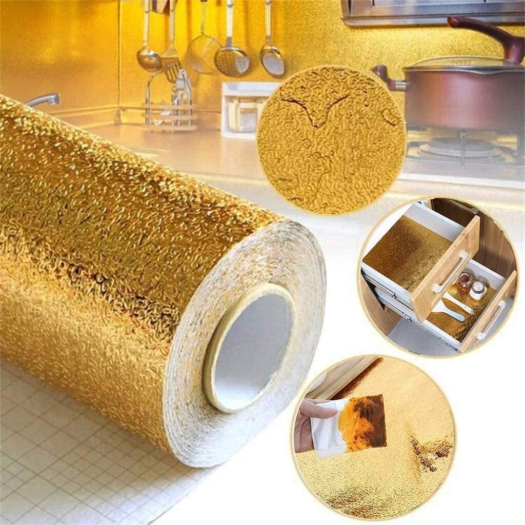 JSKB Enterprises Aluminium Sticker Foil Oil Proof Waterproof Kitchen Wall, Drawer, Decor, Furniture, Wallpapers Foil (200 x 61 cm Size) [Premium Edition] (200 x 61 cm (2 Meter), Golden 1)