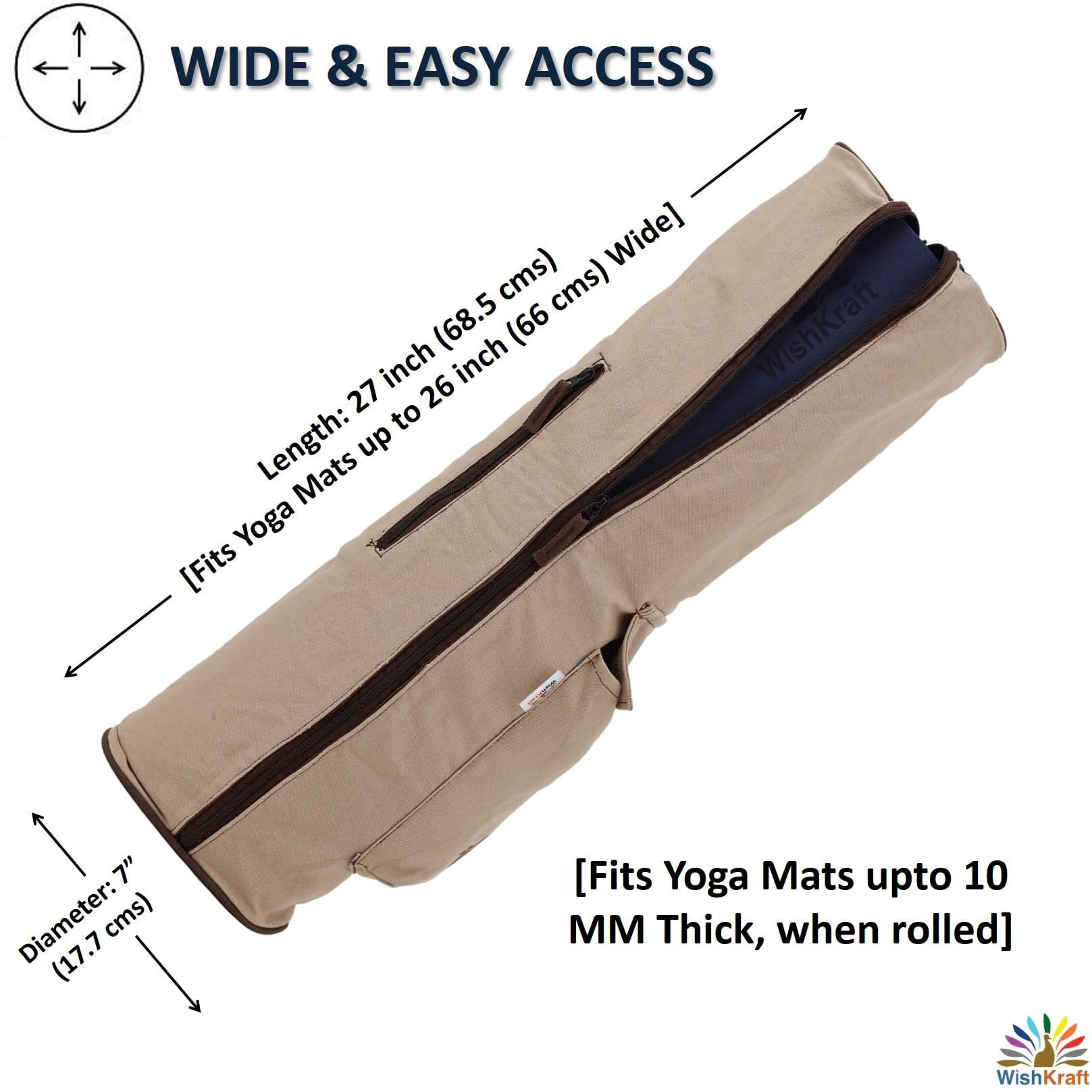 WishKraft Yoga Mat Bag [Camel Brown Carry Bag] Full Easy Access Zip Cover, Multi Functional Storage Pockets & Adjustable Shoulder Strap