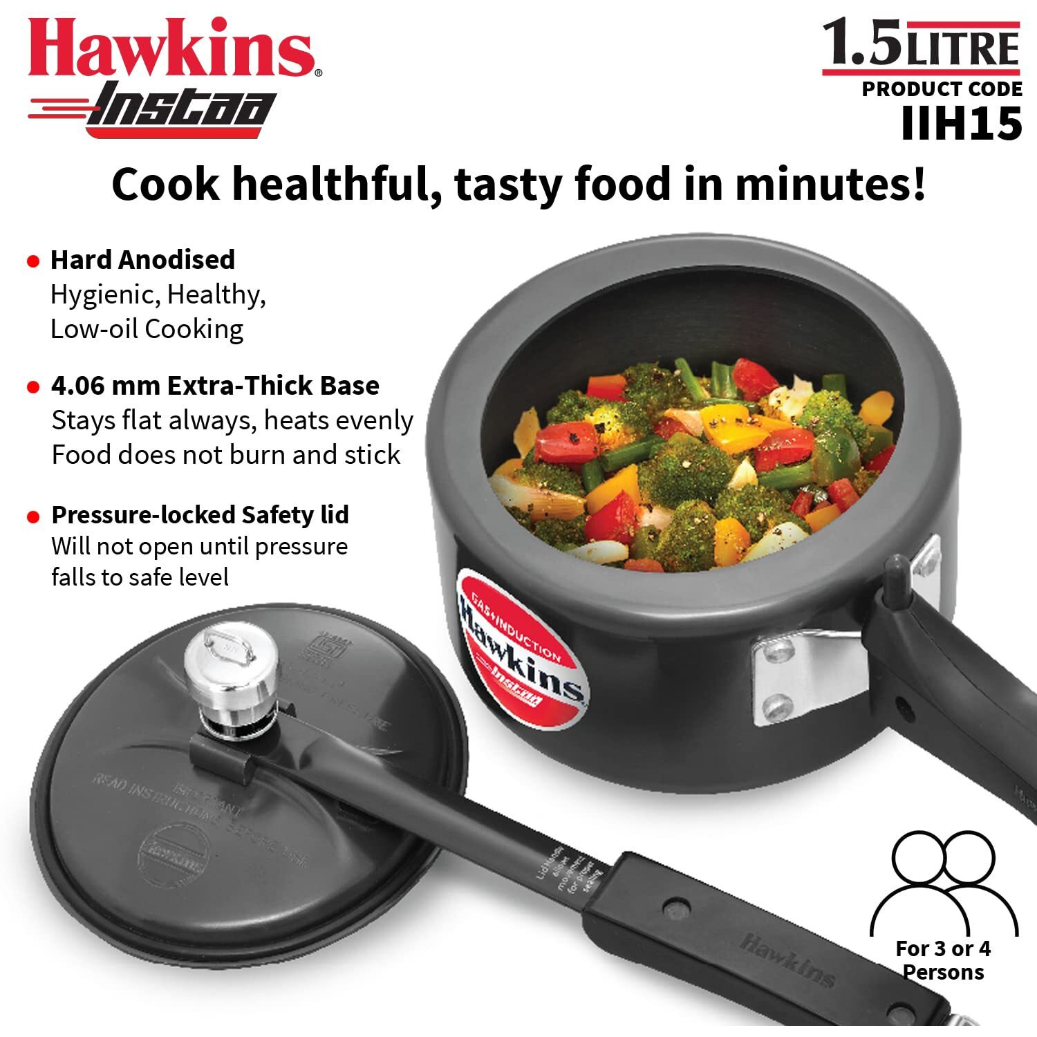 Hawkins 1.5 Litre Instaa Pressure Cooker, Induction Inner Lid Cooker, Tall Body Hard Anodised Cooker, Best Black Cooker, Black (Iih15), 1.5 Liter