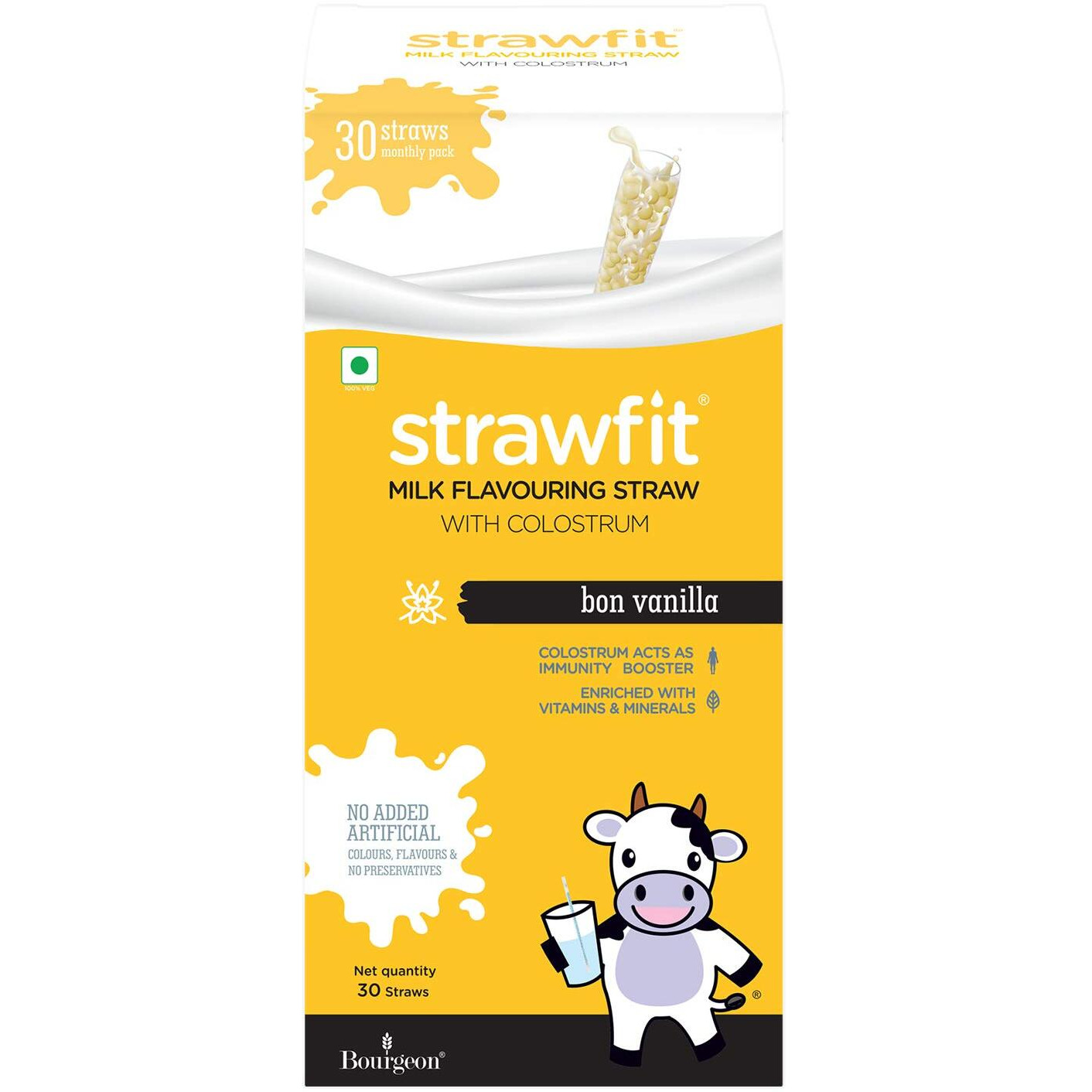 Strawfit Bon Vanilla Flavoring Straws with Colostrum for Immunity | Yummy, Nutritious and Healthy Choice | New Way of Drinking Milk | India's 1st Milk Flavored Straw - (Pack of 1, Total - 30 Straws)