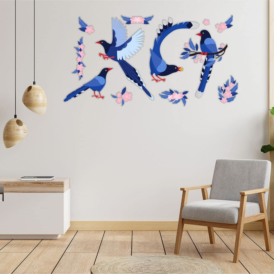 CVANU Blue Birds Around Flowers Wall Sticker PVC Vinyl for Home Decor Size(47CM X 90CM) Multicolor