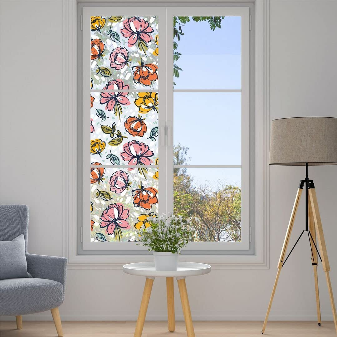 CVANU Privacy Window Film Printed Green Flower Window Frosting Film Window Sticker Window Cling Frosted Vinyl Sheets for Front Door/Bathroom/Sidelight/Small Windows, 12''x36''
