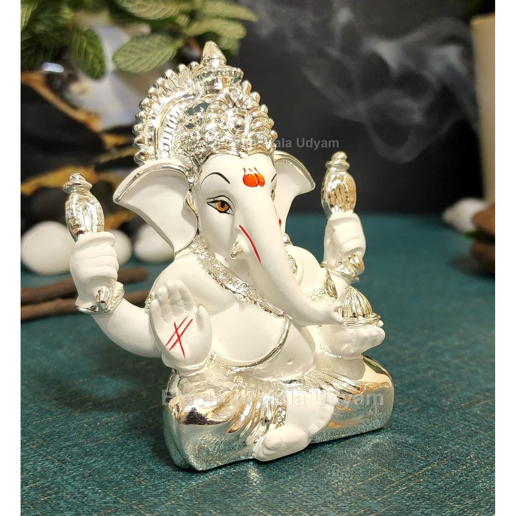 Electrum Kala udyam Experience The Divine Aura of Ganesha Silver Plated Idol for Car Dashboard, Office Desk, and Festive Gifting (4handmukutSilverWhite)