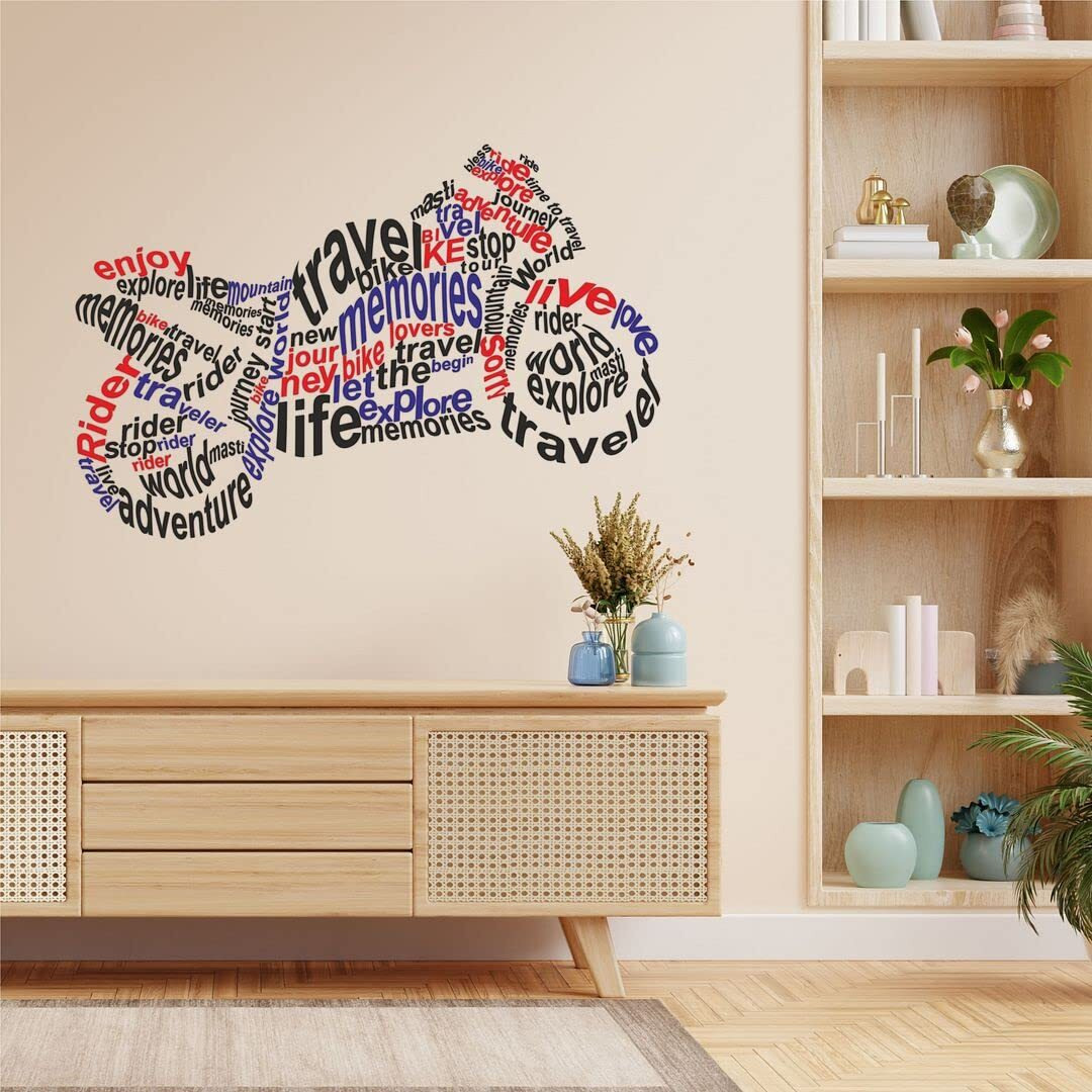 CVANU Travel Bike Shaped Adventures Typography Vinyl Wall Sticker for Wall Decoration Size(27.5inch X 48inch)_Multicolor_cv3