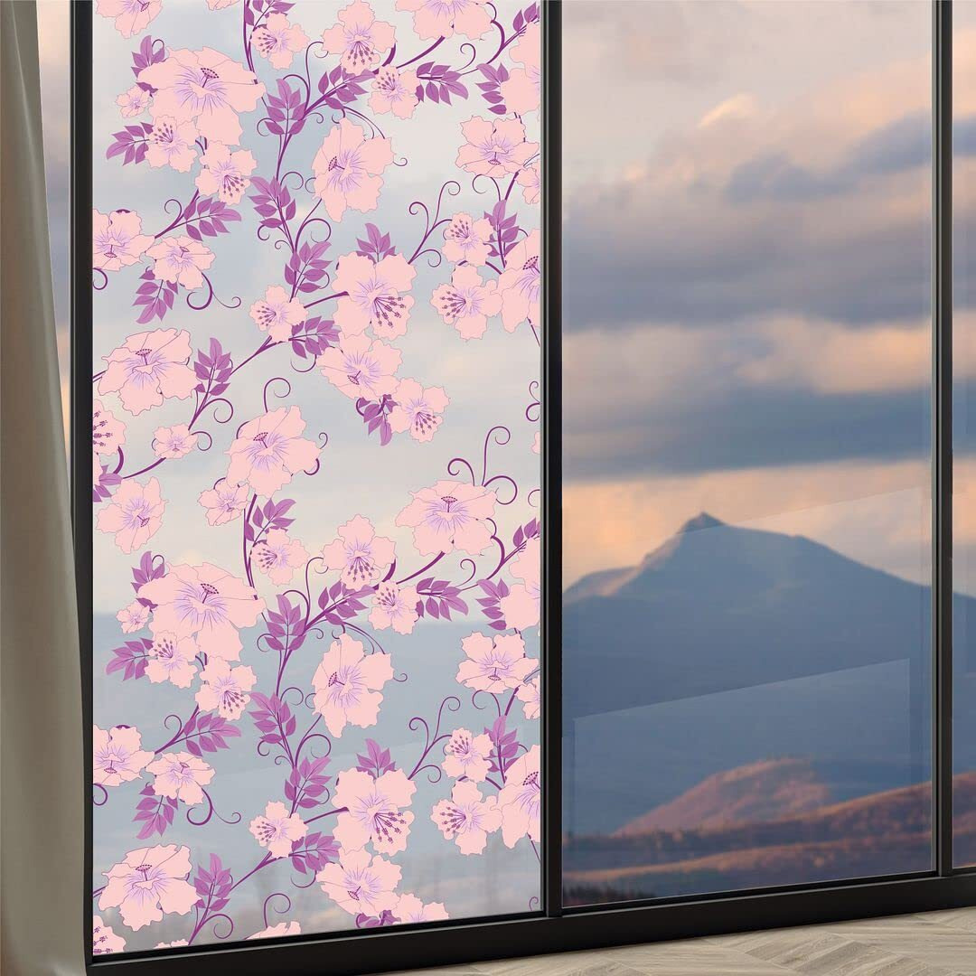 CVANU Privacy Window Film Printed Yellow Flower Window Frosting Film Window Sticker Frosted Vinyl Sheets for Front Door/Bathroom/Sidelight/Small Windows, 12''x84''