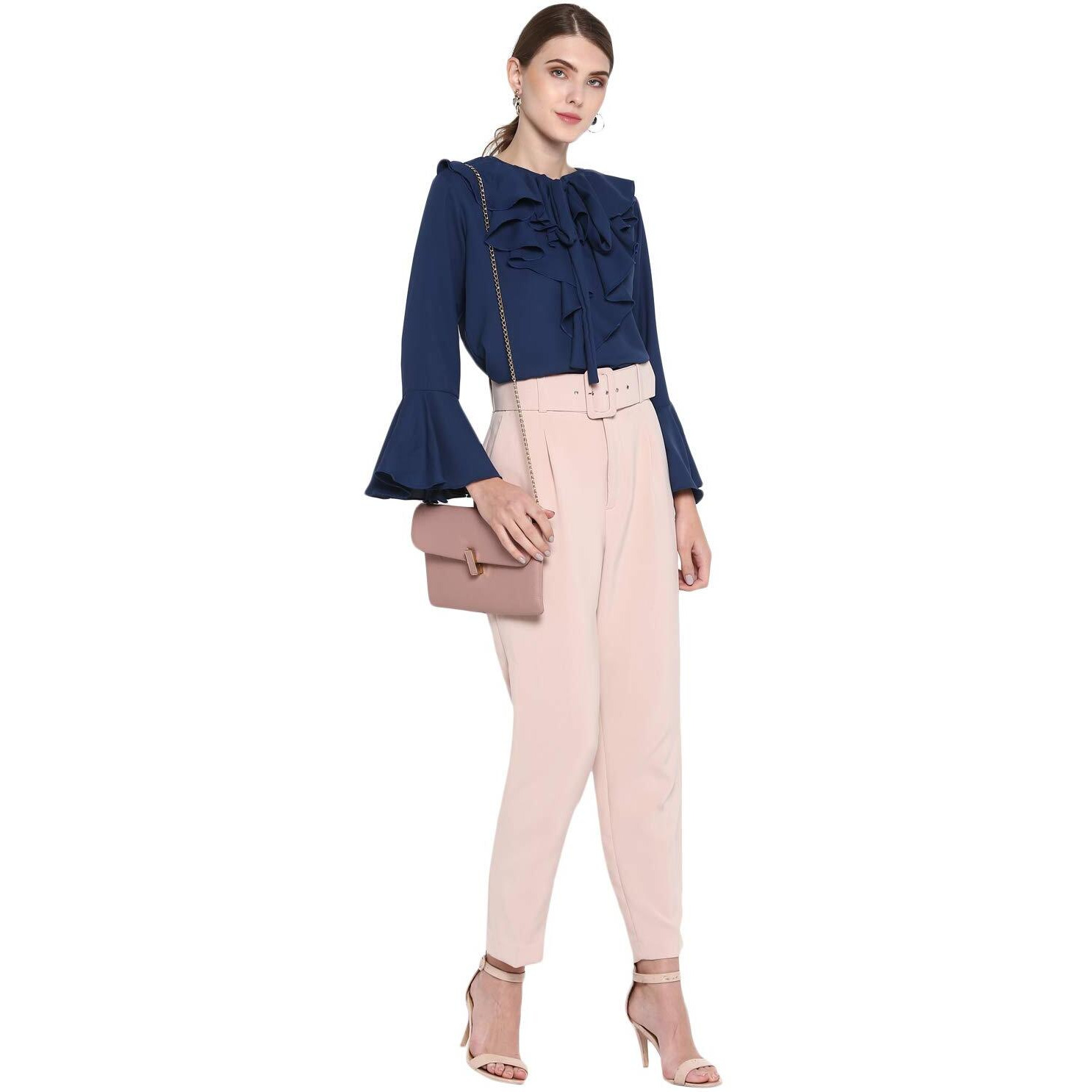 Indietoga Women's Blue Solid Ruffled Georgette Tops (Bell Sleeves Small)