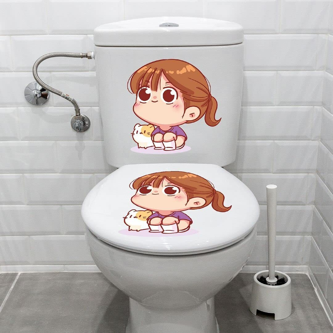 CVANU Preety Girl and Cat Design Toilet Seat Stickers Decals Self-Adhesive Removable PVC Vinly Waterproof (10x10) inch Red, Pack of 2
