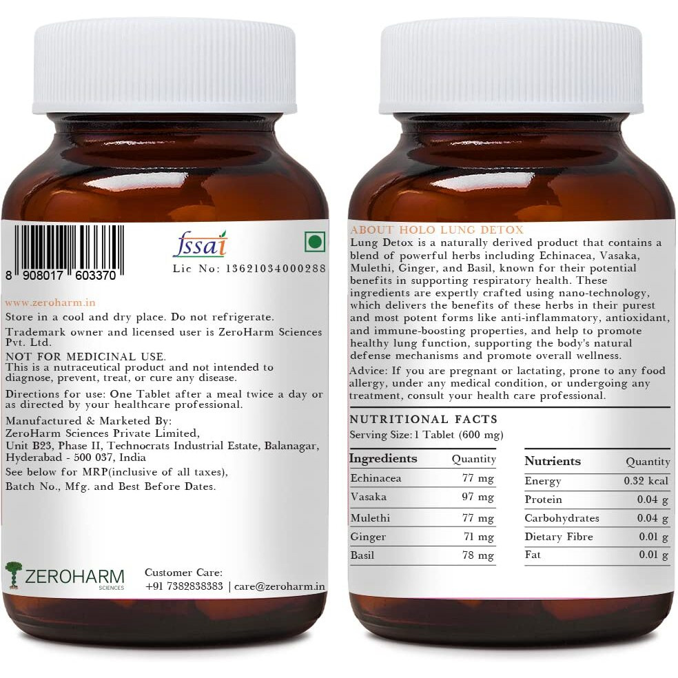 Zeroharm Lung Detox Tablets | Echinacea, Vasaka, Mulethi, Ginger, Basil | Plant Based Lung Clencer | Organic Respiratory Support (60 Tablets)