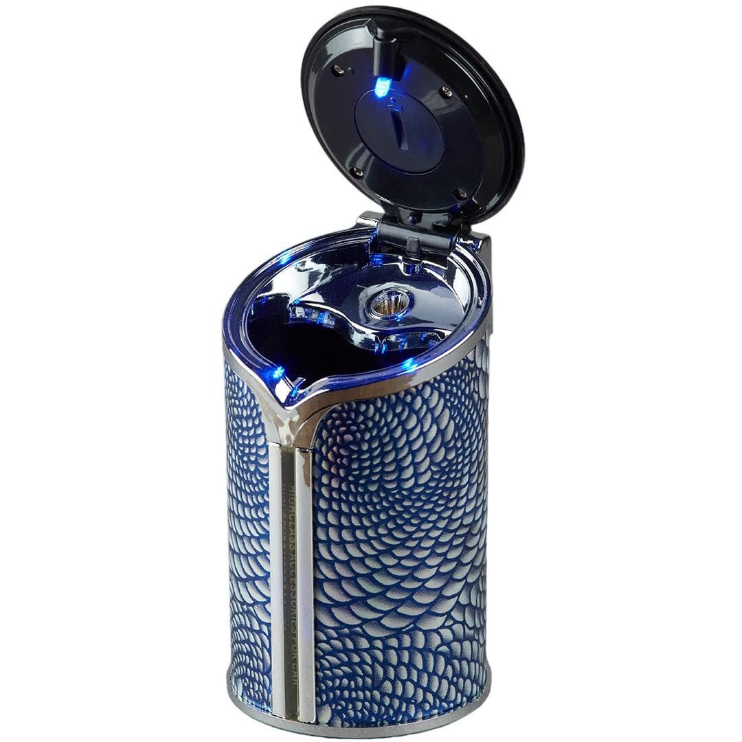 Kookee Metal Tin Car Ashtray Bucket Container for Cigarette Butt with Lid and LED Light for Outdoor Indoor Transparent Modern Home Decor Office Tabletop Ash Tray for Smokers (9771)