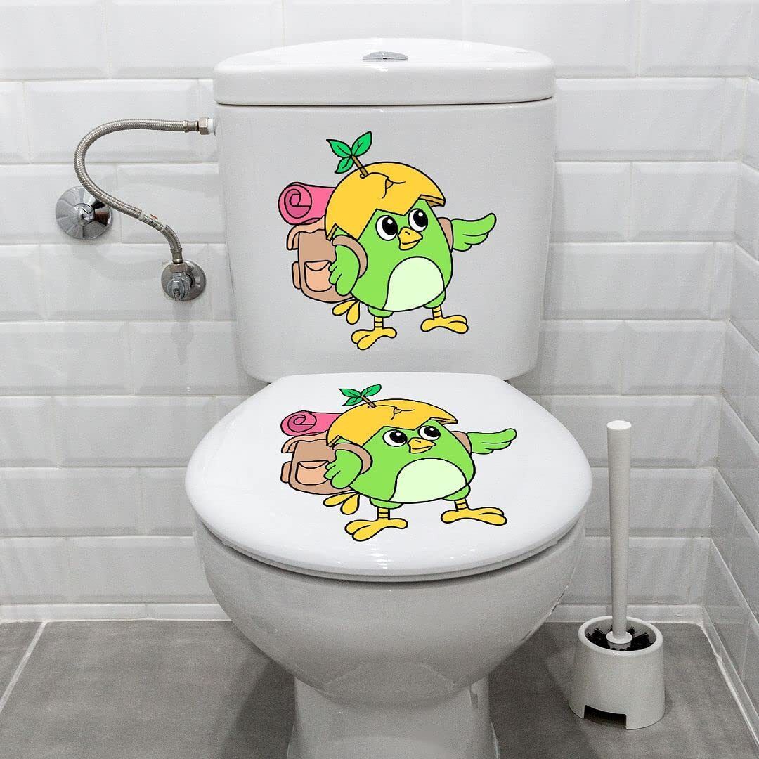 CVANU Cute Cartoon Green Bird Design Toilet Seat Stickers Decals Self-Adhesive Removable PVC Vinly Waterproof (10x10) inch, Pack of 2