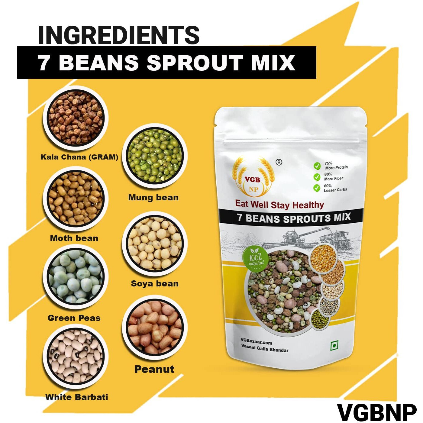 VGBNP Natural & Healthy 7 Beans Sprout Mix (Sprouting mix) Sprout bean Mix (Mix Whole Kathol/alfalfa beans) Combo of 7 Beans and Pulses, Healthy & Natural Source of protein Beans Sprout Mix- 5kg