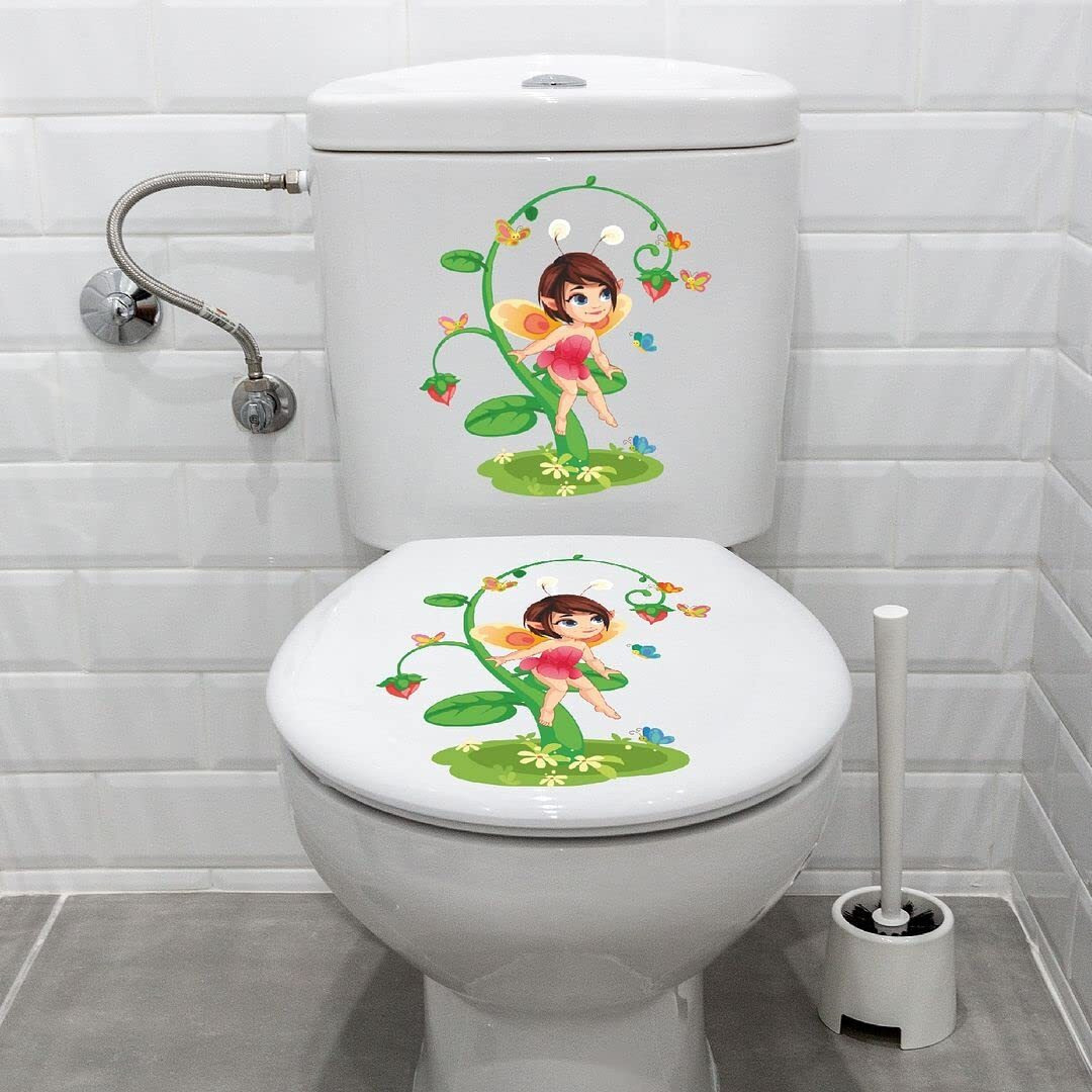CVANU Cute Cartoon Girl and Butterfly Design Toilet Seat Stickers Decals Self-Adhesive Removable PVC Vinly Waterproof (9x10) inch, Pack of 2