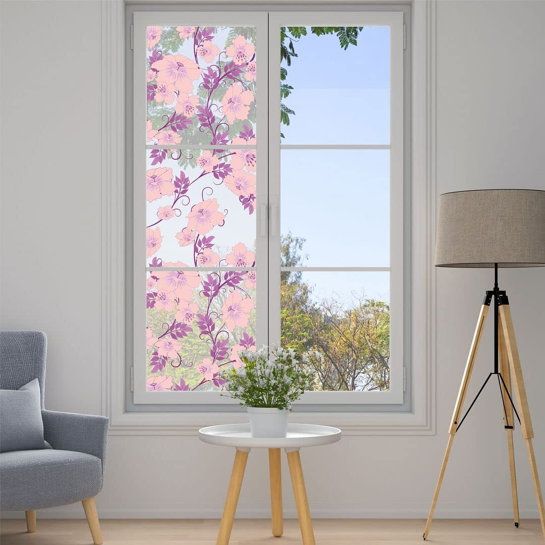CVANU Privacy Window Film Printed Yellow Flower Window Frosting Film Window Sticker Frosted Vinyl Sheets for Front Door/Bathroom/Sidelight/Small Windows, 24''x36''