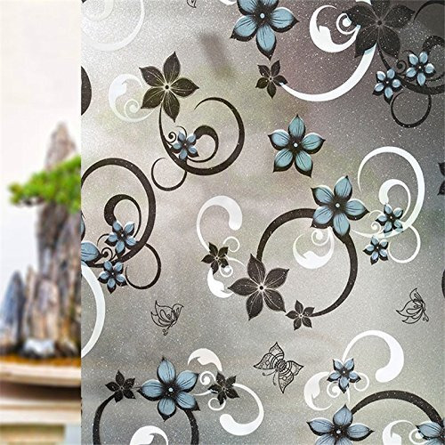 CVANU Privacy Window Film Printed Blue Flower Window Frosting Film Window Sticker Frosted Vinyl Sheets for Front Door/Bathroom/Sidelight/Small Windows, 24''x240'', Botanical