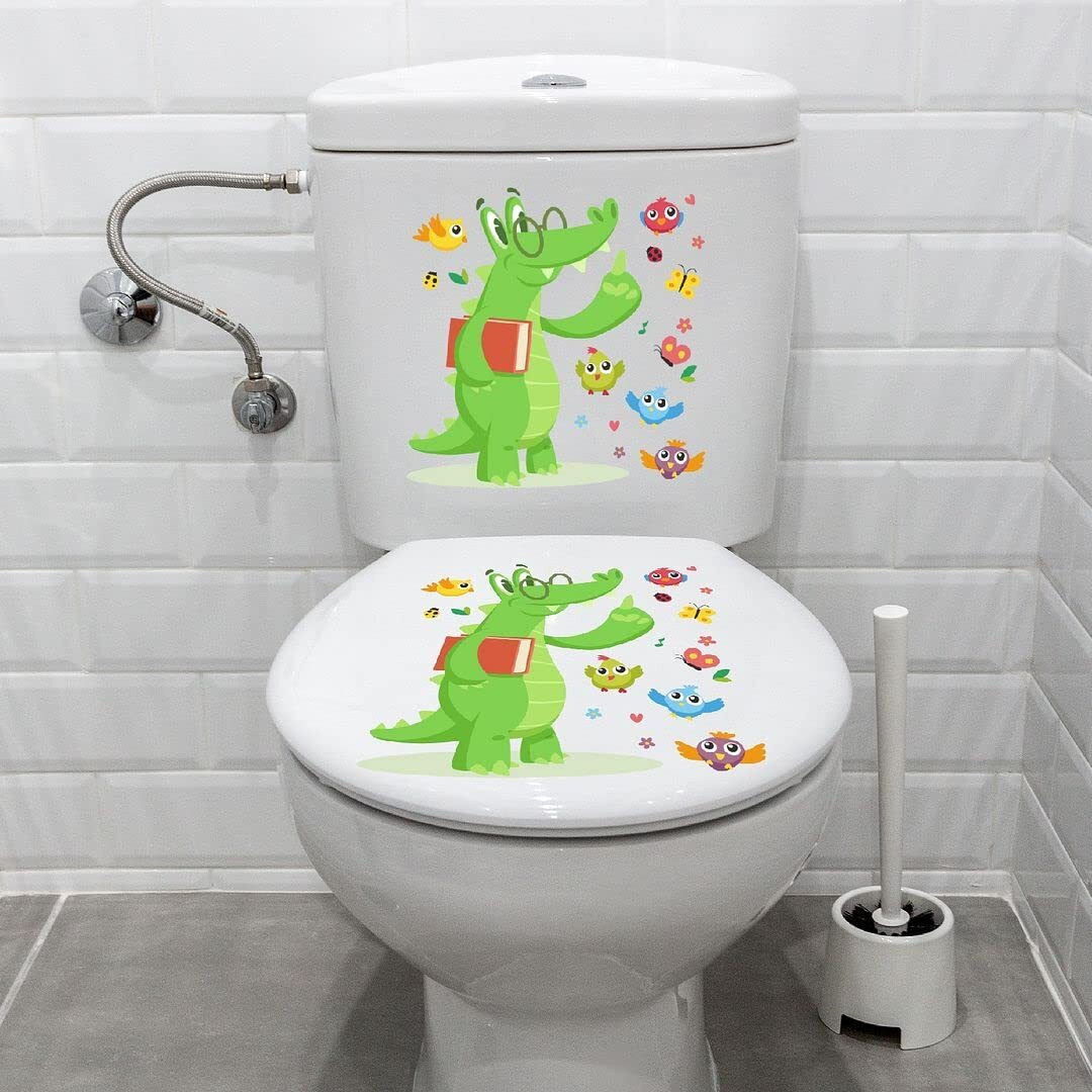 CVANU Cute Cartoon Birds,Butterfly and Crocodile Design Toilet Seat Stickers Decals Self-Adhesive Removable PVC Vinly Waterproof (10x10) inch, Pack of 2