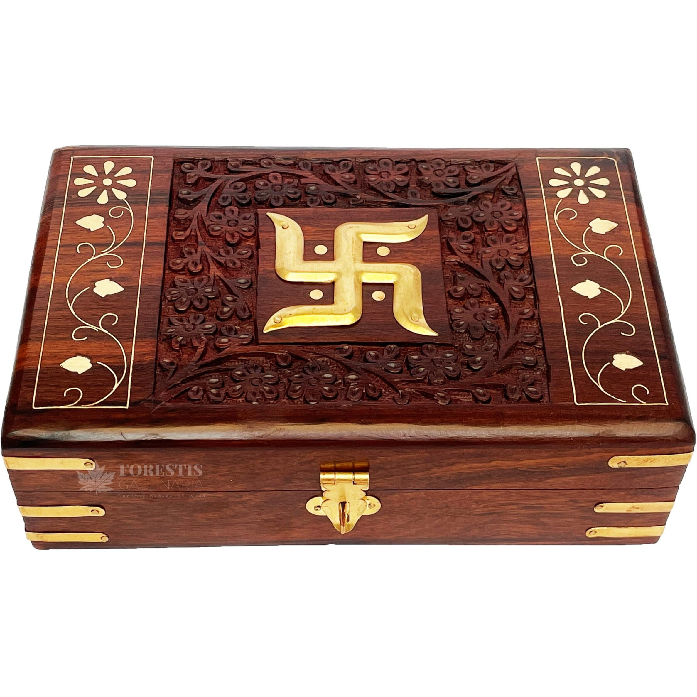 FORESTIS GALLINARIA Exquisitely Hand Brass-Filled Wooden Swastik Box for Good Luck| Jewellery Box| Handmade Decorative Case|Vanity| Organiser For Women, Girls, Necklaces, Gold (8x5 Inches, Tombs)