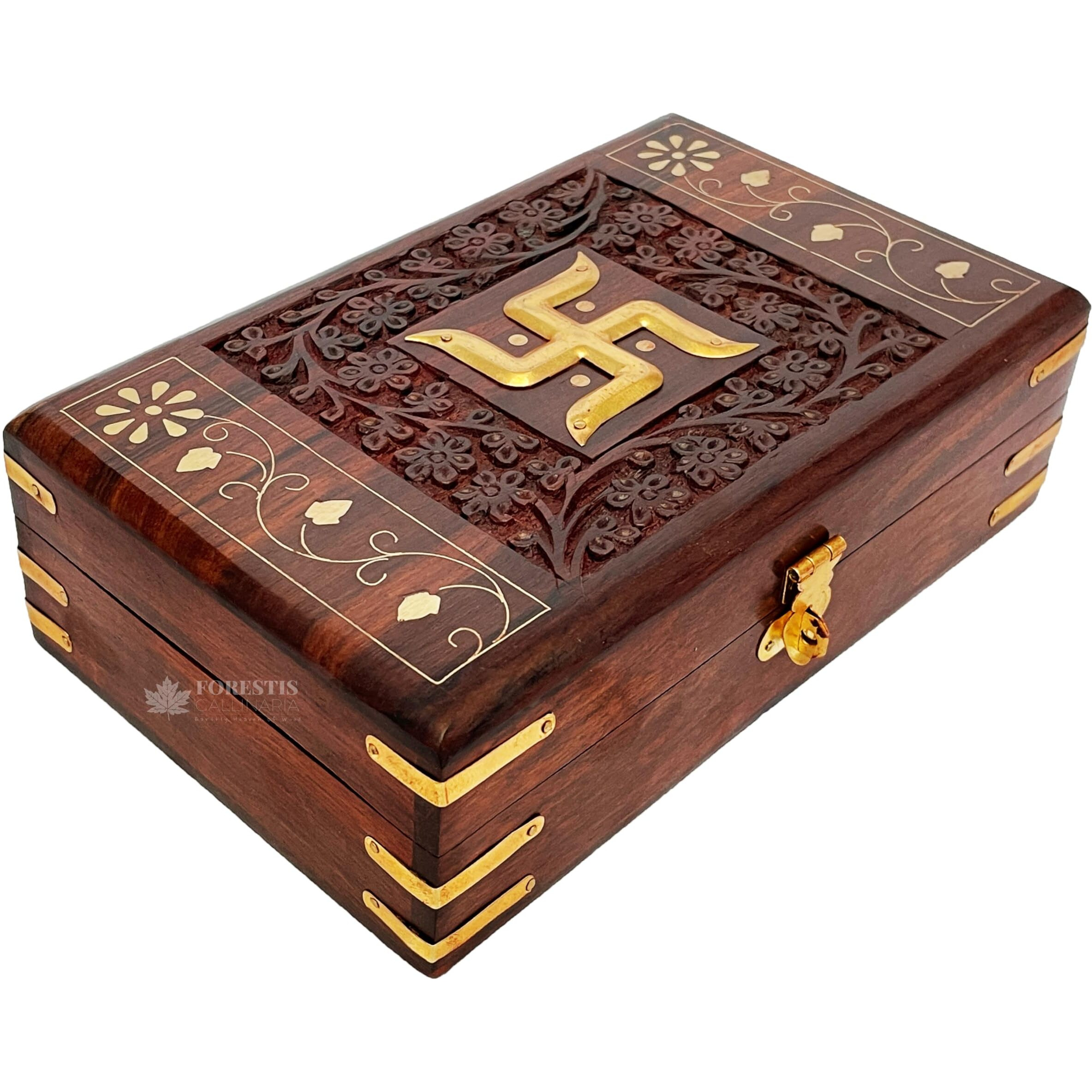 FORESTIS GALLINARIA Exquisitely Hand Brass-Filled Wooden Swastik Box for Good Luck| Jewellery Box| Handmade Decorative Case|Vanity| Organiser For Women, Girls, Necklaces, Gold (8x5 Inches, Tombs)