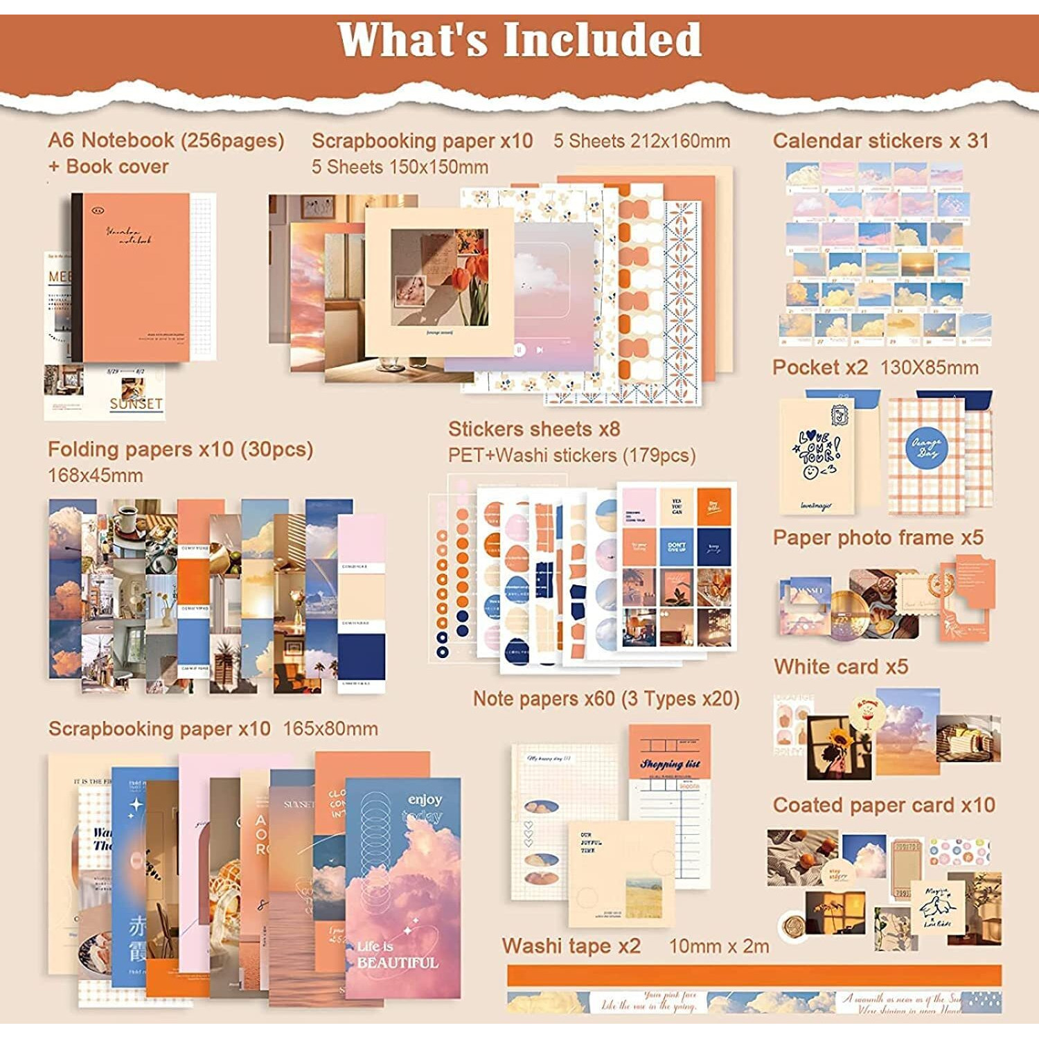 KELUMIE Scrapbook Kit Daily Journal Scrapbooking A6 Grid Notebook Summer Craft ATR Stationery DIY Journaling Craft Kit Gift for Girls, Woman, Kids, Teen (Sunset)