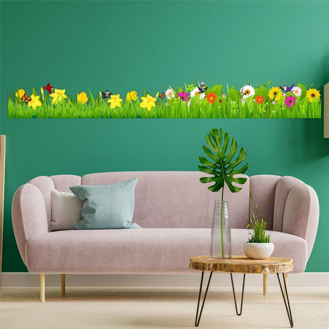 CVANU Beautiful Cute Flying Bird Design Floral Wall/Border Sticker Spring Flowers PVC Transparent Vinyl for Home Decoration Size (270x35.5) cm_Multicolour
