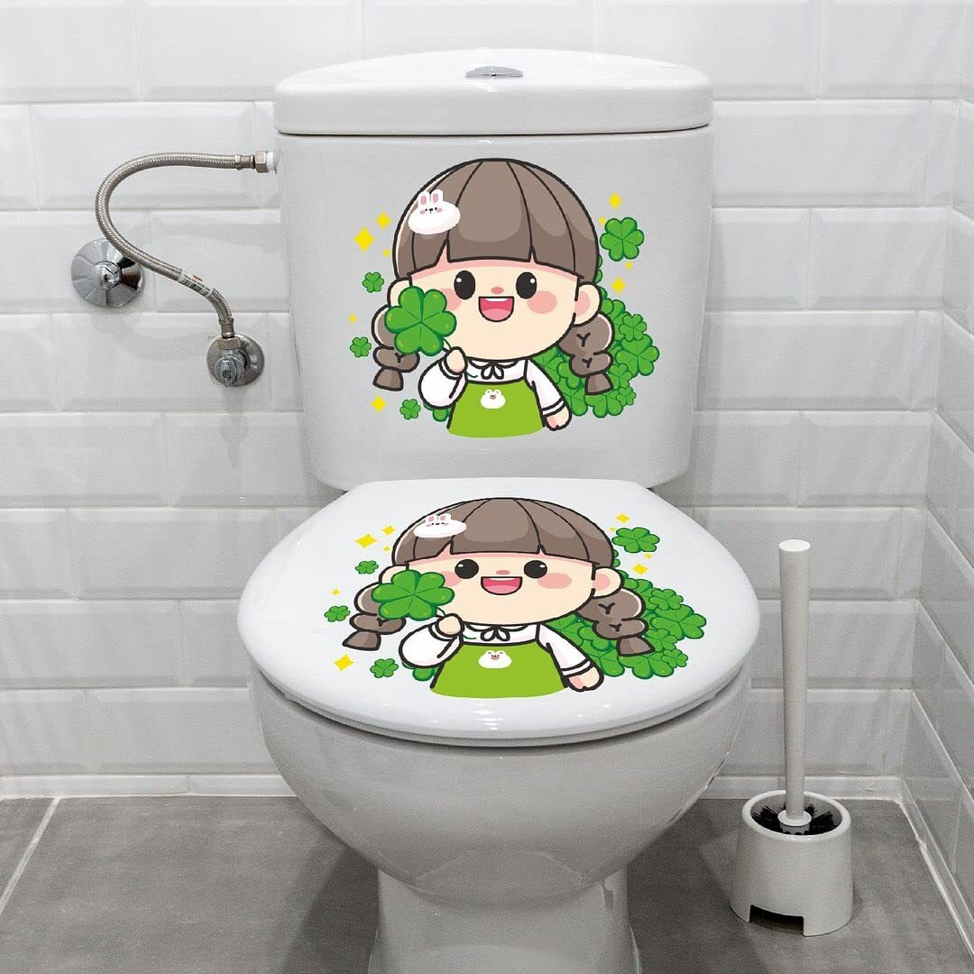 CVANU Cute Cartoon Girl Design Toilet Seat Stickers Decals Self-Adhesive Removable PVC Vinly Waterproof (9x10) inch, Pack of 2