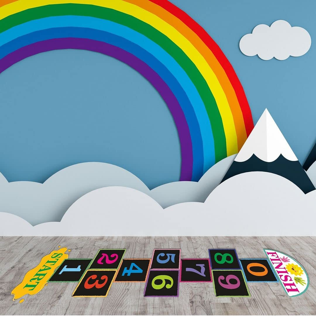 CVANU Hopscotch Game Stickers Number Jumping Grid Game Smiley Hand Sun Cute Face Design Floor Decals PVC Vinyl for Children Living Room, Home and Play School, Multicolour, Size (28x106) inch