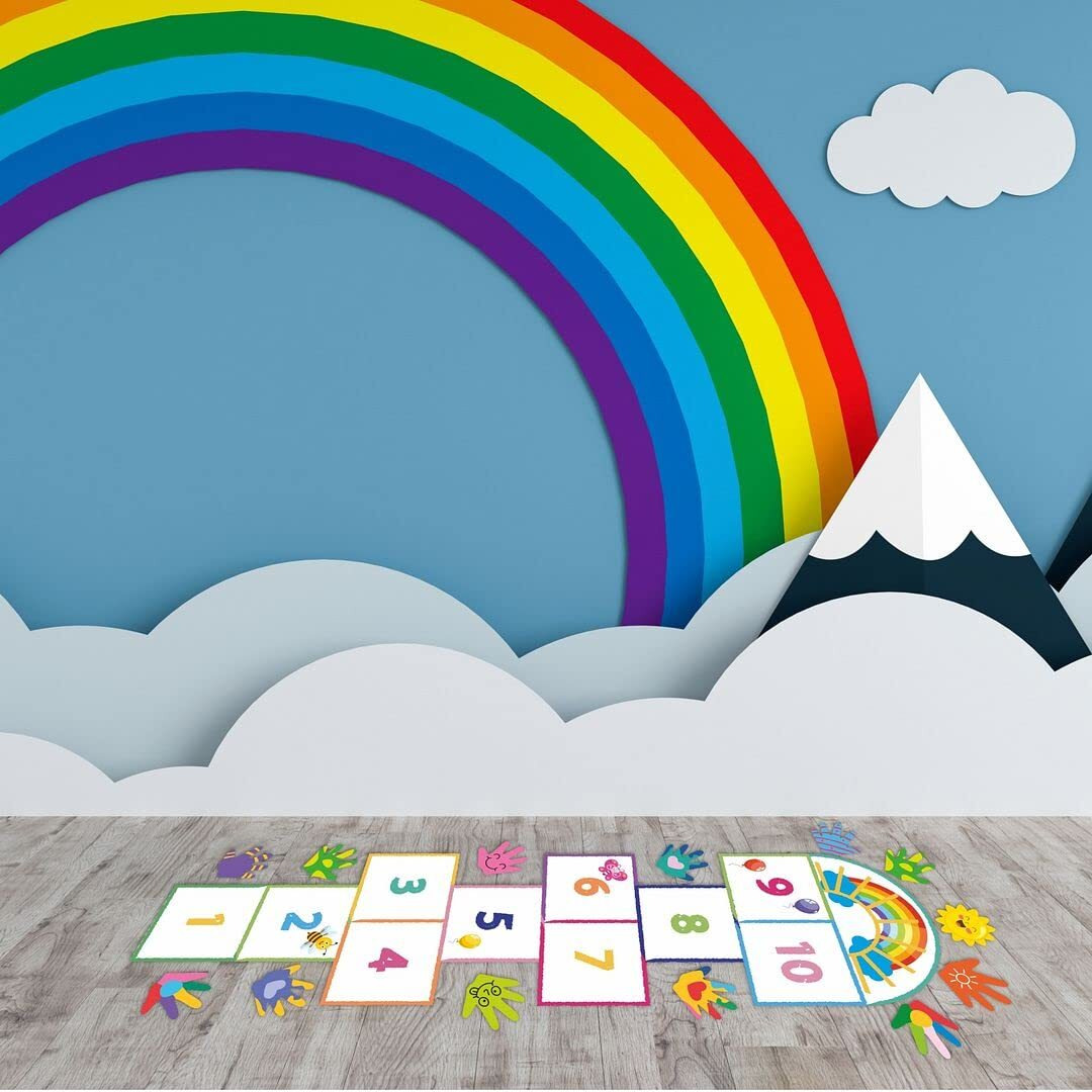 CVANU Hopscotch Game Stickers Number Jumping Grid Game Smiley Butterfly Face Balloon Design Floor Decals PVC Vinyl for Children Living Room and Nursery Classroom, Multicolour, Size (35.5x100) inch