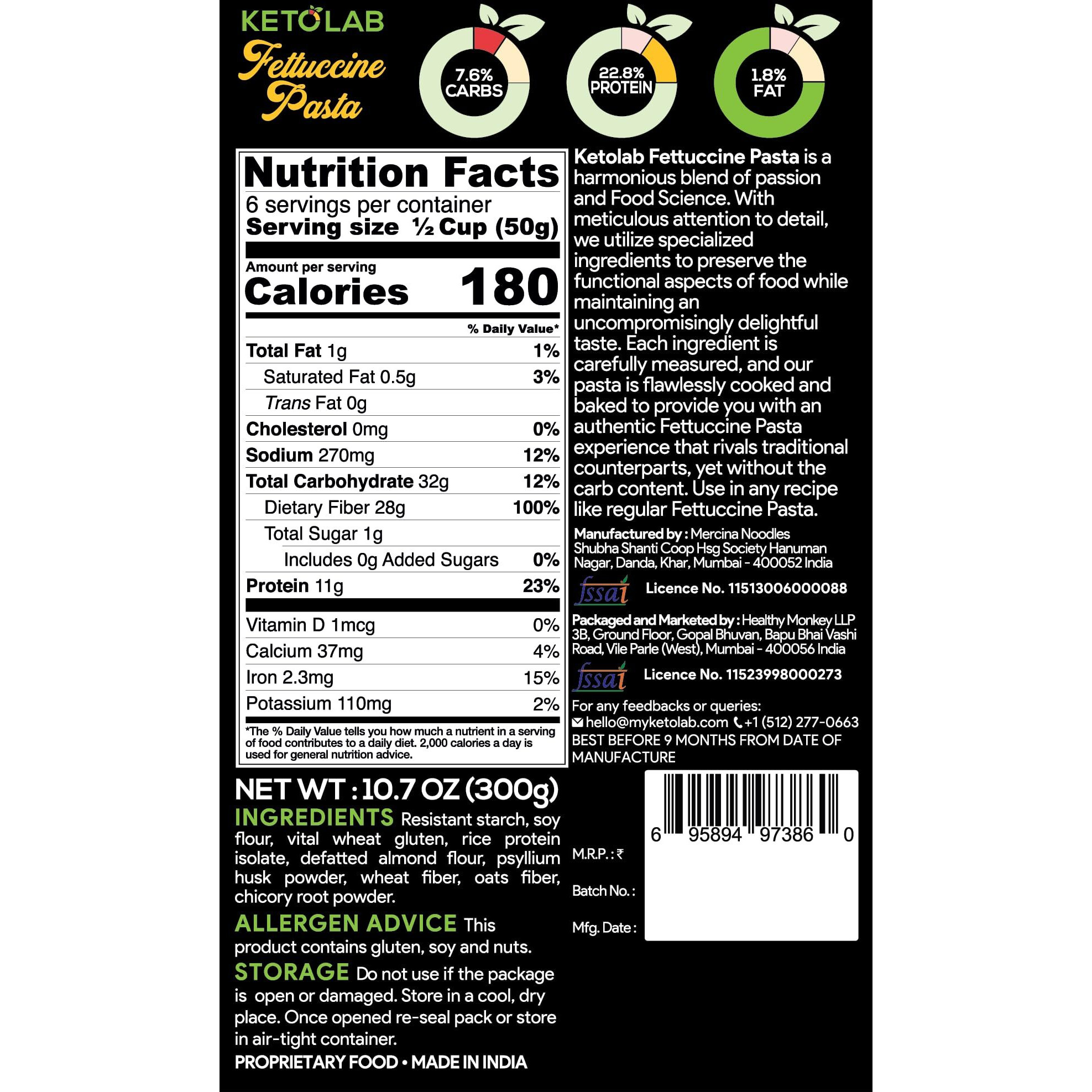 Ketolab Keto Fettucine Pasta (Flat noodles), 300 Gms, 1 Pack, 3.8g Net Carb & 11g High Protein/Serving, Identical to Regular Pasta, Ultra Low Carb, Pre-Biotic High Fibre, For Keto Diet and Weight Loss