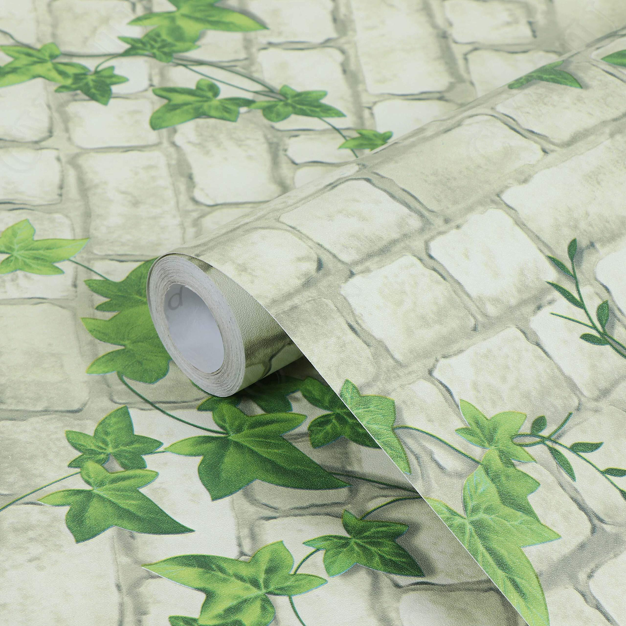 CVANU White Brick & Green Leaf Waterproof Waist Line Wall Paper/Sticker Self Adhesive Baseboard Vinyl Wallpaper 24x200inch (Wooden_34) CV