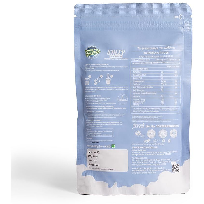 Spacemac Foods Freeze Dried sheep milk Powder, Pasture Grazed, Whole A-Grade Non GMO Shelf Stable Milk Powder, 100gm