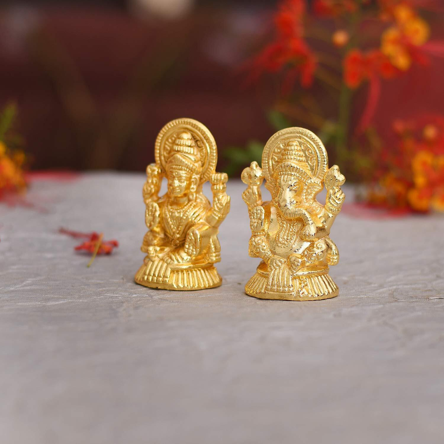 Collectible India Metal Laxmi Ganesh Idol Set - Gold Plated Lakshmi Ganesha Idols Statue for Diwali Decoration Home Office Car Dashboard Decor Pujan Puja.