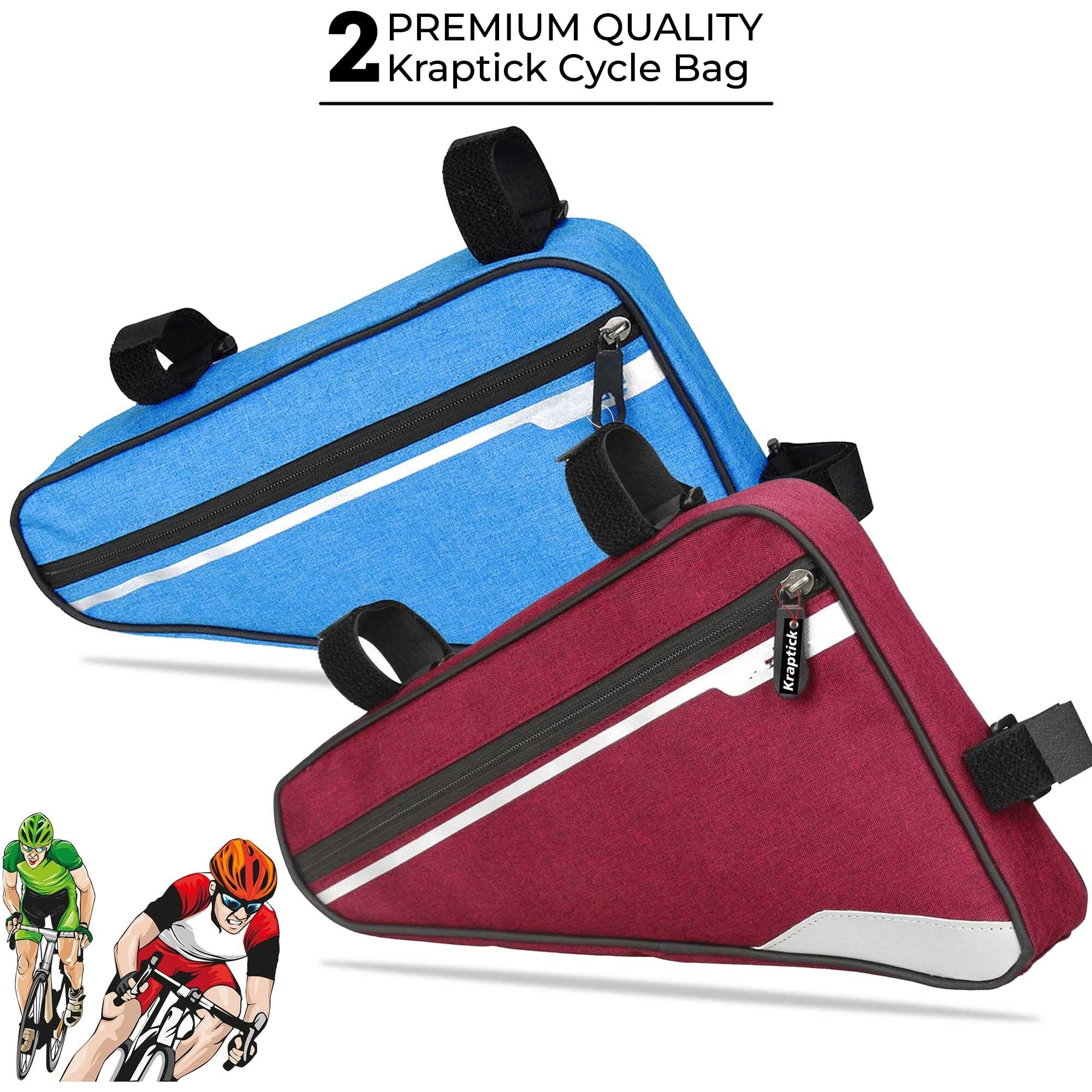 Kraptick Triangle Bike Bag [Waterproof]- Big Triangle Frame Bag for Bicycle, Cycle Accessories - Bike Pouch, Bike Bags with Reflective Straps and Plenty of Storage (Combo of - Red & Blue)